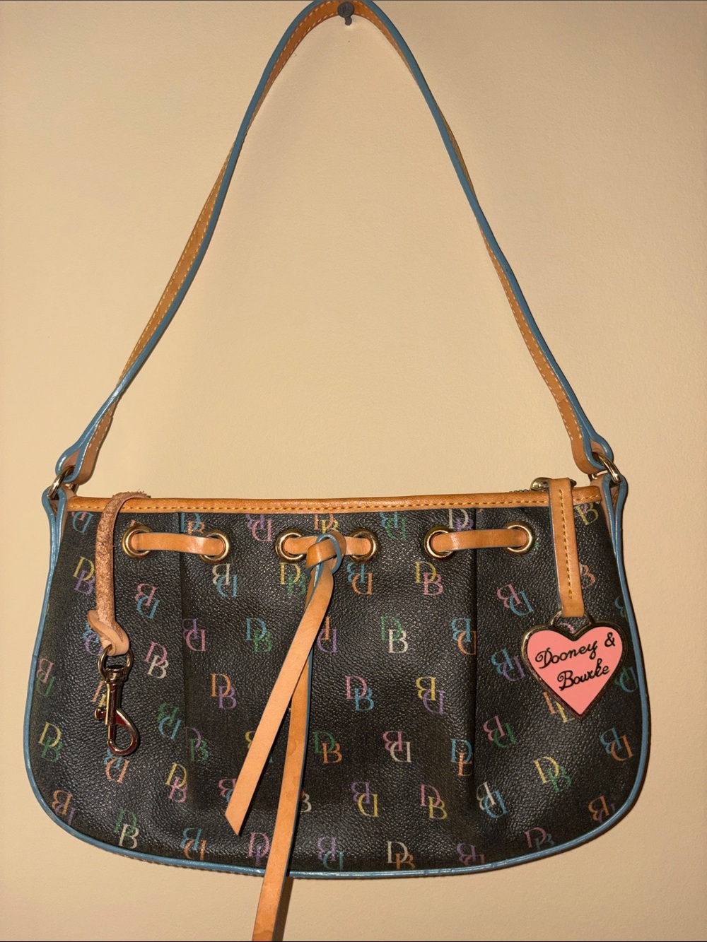Dooney & Bourke Black Multicolor DB Logo Shoulder Bag with Tan Trim